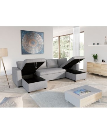 Canapé d'angle panoramique convertible en tissu - gris clair