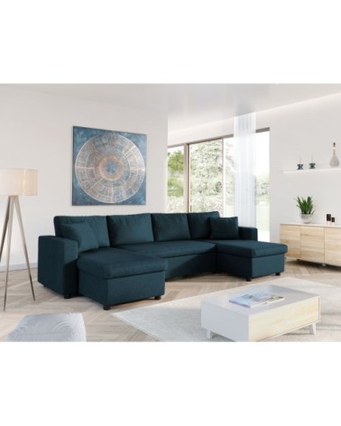 Canapé d'angle panoramique convertible en tissu - bleu pétrole