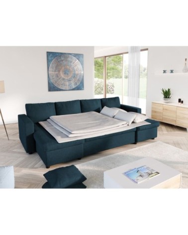 Canapé d'angle panoramique convertible en tissu - bleu pétrole