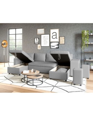 Canapé d'angle panoramique avec poufs en tissu - gris clair