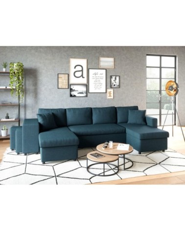 Canapé d'angle panoramique avec poufs en tissu - bleu pétrole