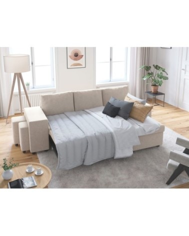 Canapé d'angle convertible avec coffre et poufs en tissu - beige