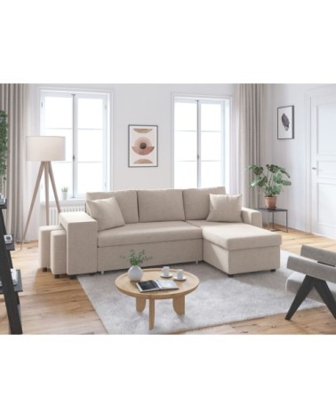 Canapé d'angle convertible avec coffre et poufs en tissu - beige