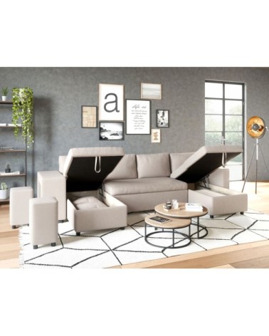 Canapé d'angle panoramique avec poufs en tissu - beige