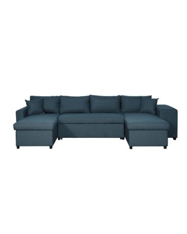 Canapé d'angle panoramique avec poufs en tissu - bleu pétrole