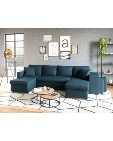 Canapé d'angle panoramique avec poufs en tissu - bleu pétrole