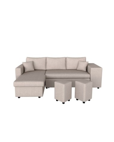Canapé d'angle convertible avec coffre et poufs en tissu - beige