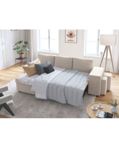 Canapé d'angle convertible avec coffre et poufs en tissu - beige