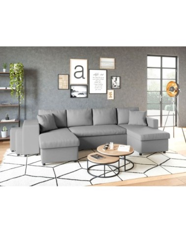 Canapé d'angle panoramique avec poufs en tissu - gris clair