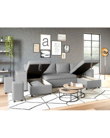 Canapé d'angle panoramique avec poufs en tissu - gris clair