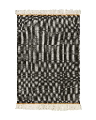 Tapis plat tissé main pure laine vierge à franges noir 160x230
