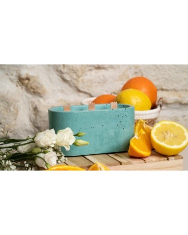 Bougie xxl en béton turquoise parfum fleur d'oranger