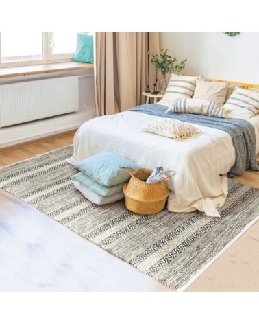 Tapis 100% coton bande ethno blanc-sable 160x230