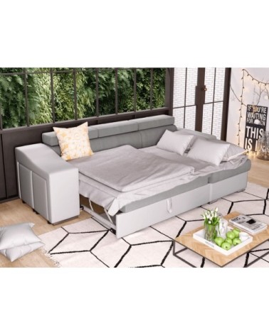 Canapé d'angle gauche microfibre/simili avec poufs - blanc/gris