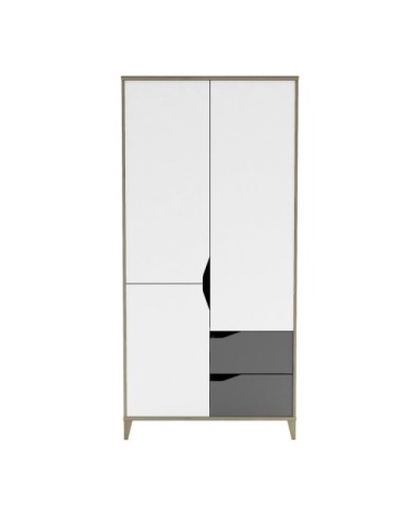 Armoire 3 Portes 2 Tiroirs avec Penderie L89 cm  - Gris et blanc