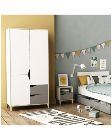 Armoire 3 Portes 2 Tiroirs avec Penderie L89 cm  - Gris et blanc