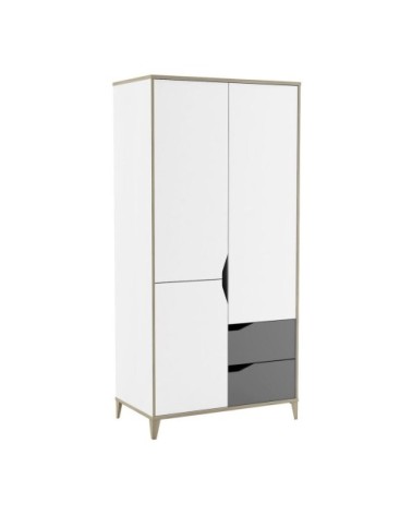 Armoire 3 Portes 2 Tiroirs avec Penderie L89 cm  - Gris et blanc