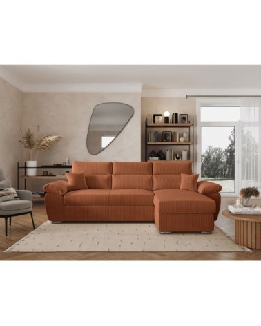 Canapé d'angle reversible convertible en velours côtelé - terracotta