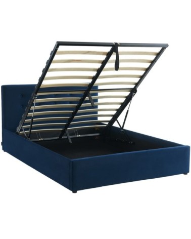 Lit coffre 140x190 en velours bleu foncé avec tête de lit et sommier