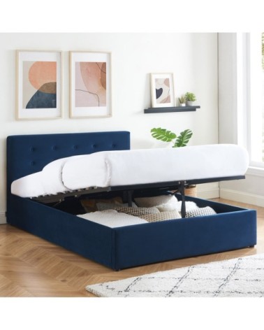 Lit coffre 140x190 en velours bleu foncé avec tête de lit et sommier