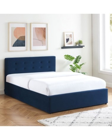 Lit coffre 140x190 en velours bleu foncé avec tête de lit et sommier