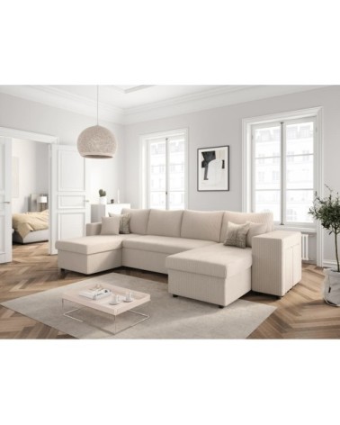 Canapé panoramique avec 2 poufs droit en velours côtelé - beige
