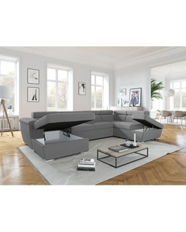 Canapé d'angle droit panoramique en tissu gris clair