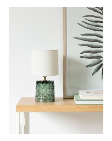 Lampe en verre vert olive et abat-jour en coton écru
