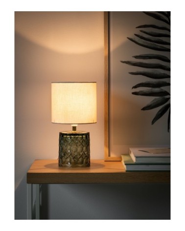 Lampe en verre vert olive et abat-jour en coton écru