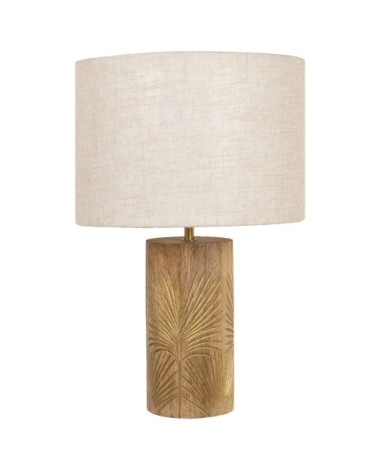 Lampe en bois de manguier imprimé doré et abat-jour en lin beige