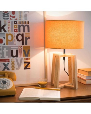 Lampe en hévéa avec abat-jour jaune moutarde
