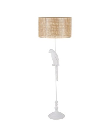 Lampadaire perroquet sculpté blanc abat-jour en rabanne marron H157