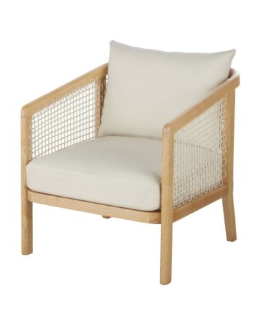 Fauteuil en bois de frêne et cordage en coton beige