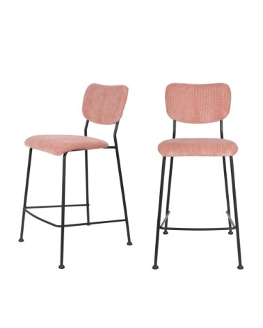 Lot de 2 tabourets de bar en velours côtelé 65cm rose