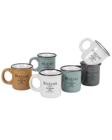 6 tasses en faïence multicolore imprimé et support en métal noir