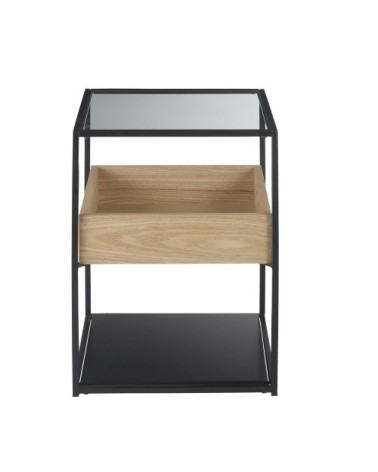 Table de chevet en métal noir et verre trempé