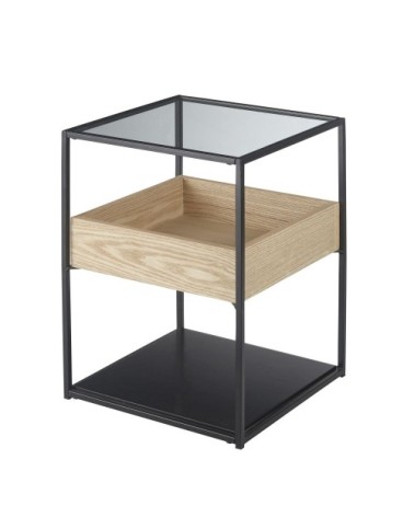 Table de chevet en métal noir et verre trempé