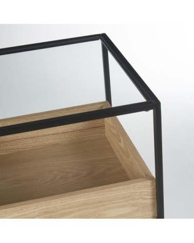 Table de chevet en métal noir et verre trempé