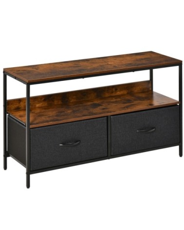 Meuble TV style industriel 2 tiroirs tissu gris métal noir aspect bois