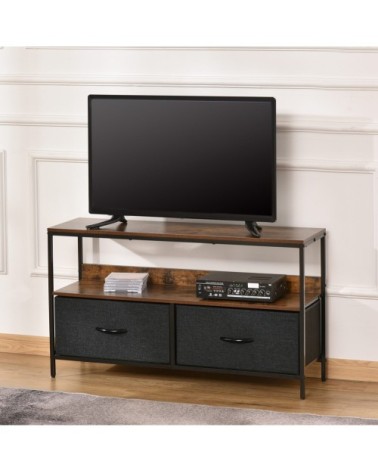 Meuble TV style industriel 2 tiroirs tissu gris métal noir aspect bois