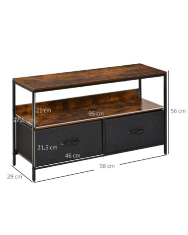 Meuble TV style industriel 2 tiroirs tissu gris métal noir aspect bois