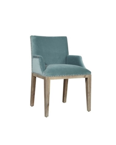 KENZA - Fauteuil de table en velours et en bois clouté bleu arctique