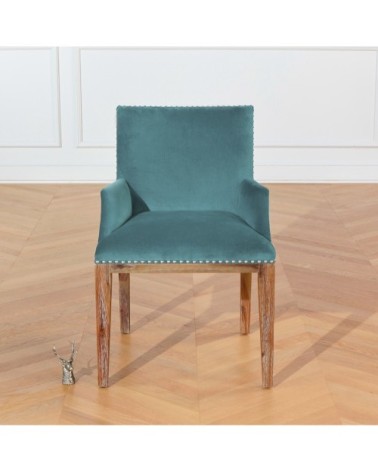 KENZA - Fauteuil de table en velours et en bois clouté bleu arctique