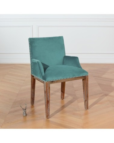 KENZA - Fauteuil de table en velours et en bois clouté bleu arctique