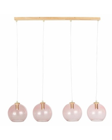 Suspension 4 globes en verre teinté rose et hêtre