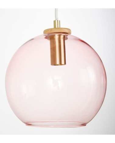 Suspension 4 globes en verre teinté rose et hêtre