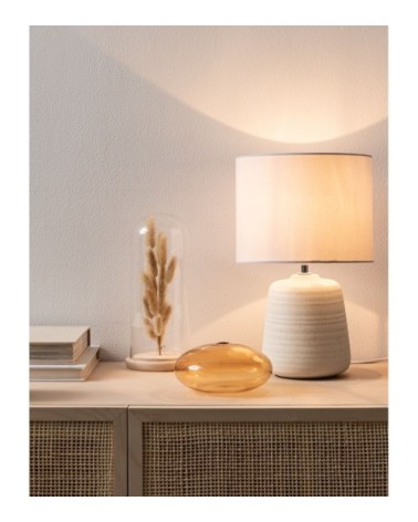 Lampe en céramique blanche et abat-jour en coton gris