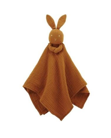 Doudou lange bébé écureuil en coton bio marron avec broderies dorées