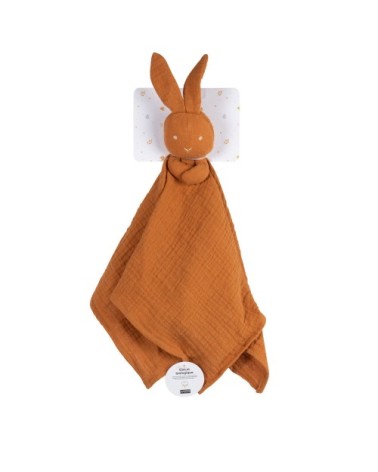 Doudou lange bébé écureuil en coton bio marron avec broderies dorées