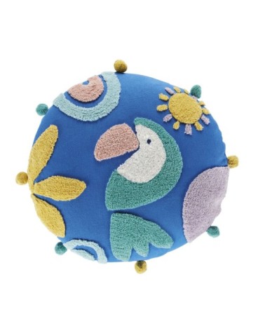 Coussin de sol enfant imprimé toucan bleu, rose, vert et jaune, D70